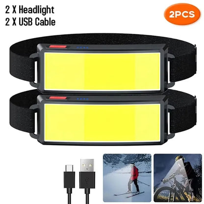 Powerful COB Headlamp Type-c/USB Rechargeable Head Flashlight Built-in Battery Outdoor Fishing Camping Lantern Waterproof Torch