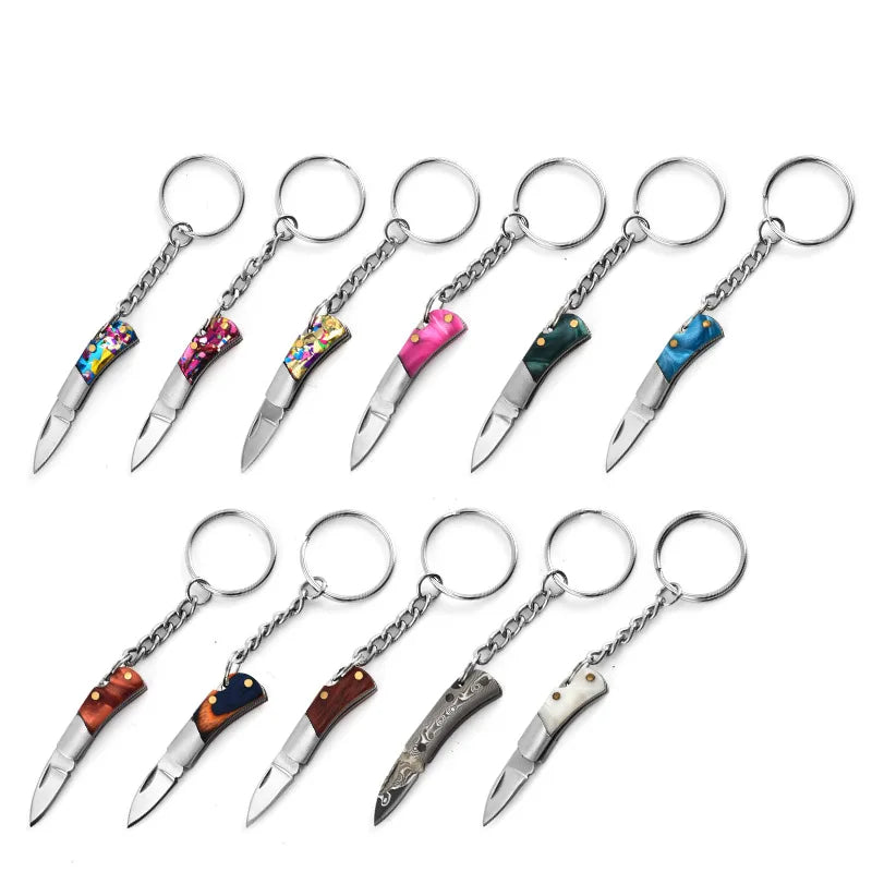 5cm Acrylic Mini Folding Knife Pendant Brass Wood Keychains Sharp Small Blade Portable Hanging Outdoor Camping Unboxing Knife