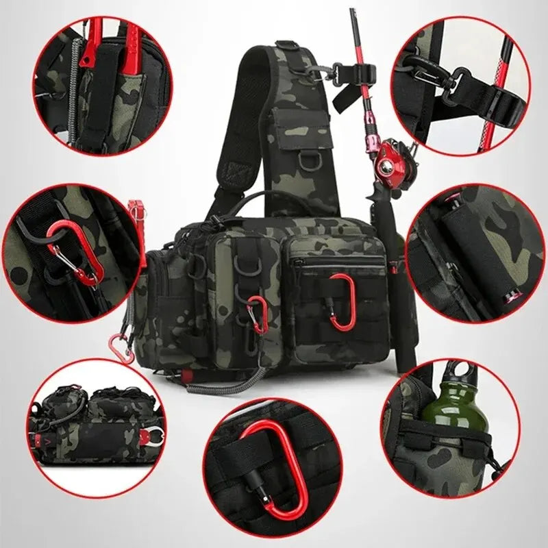 Fishing Tackle Sling Backpack with Rod Holder