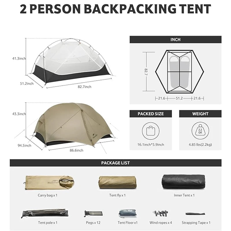 Naturehike Mongar UL Tent 1 2 Person Camping Outdoor Ultralight Tent Travel Backpacking 15D Waterproof Shelter Tent Hiking