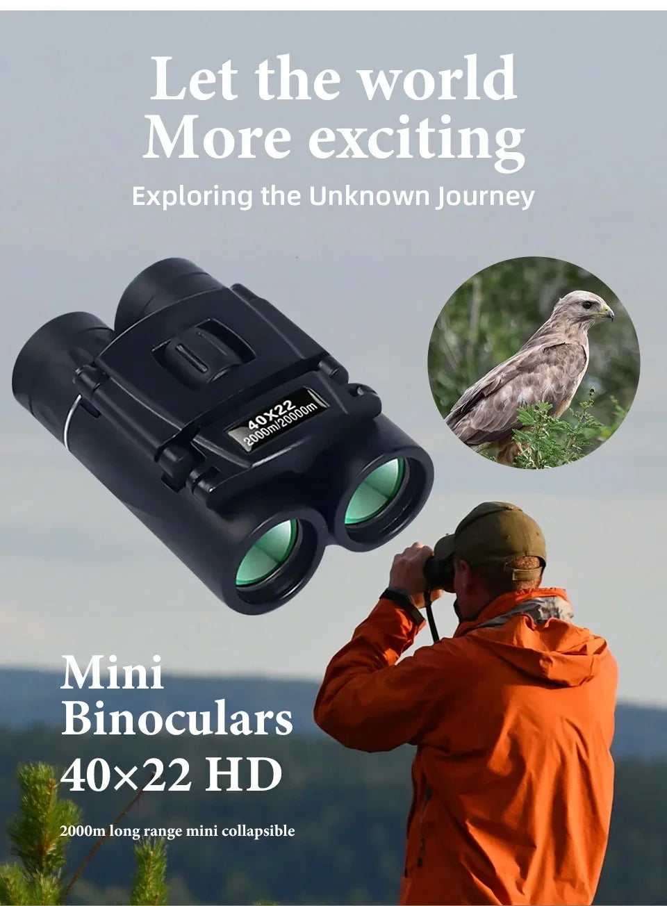40x22 HD Binoculars with BAK4 FMC: 2000M Long Range Folding Mini Telescope, Ideal for Hunting, Sports, Camping & Travel