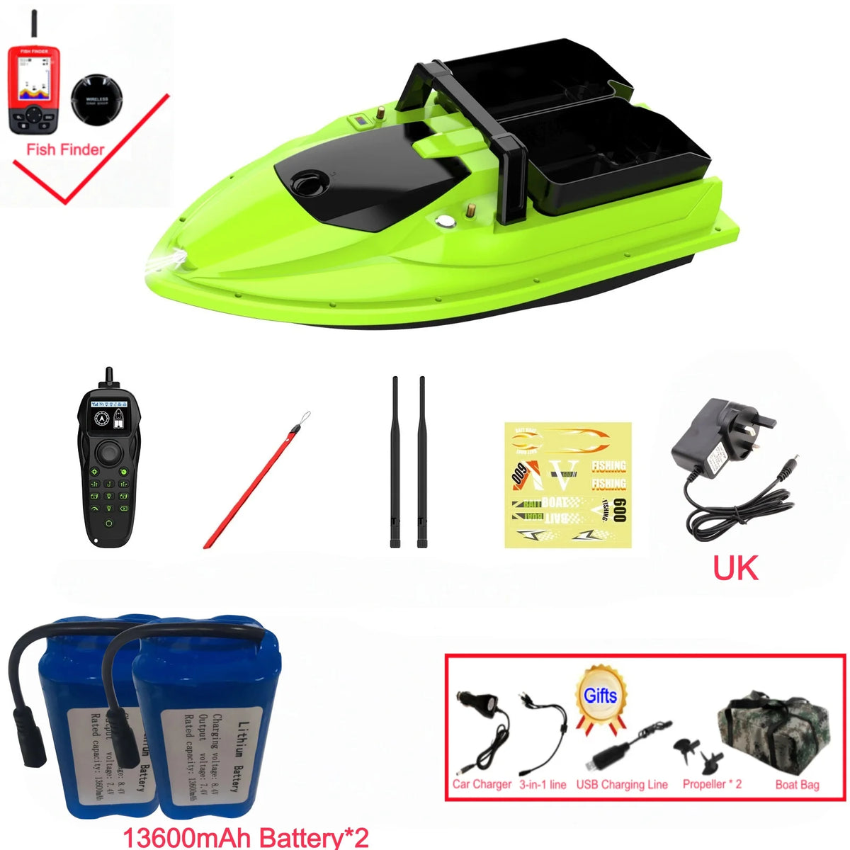 Sonar Bait Boat with Color Fish Finder Screen & Dual Hopper