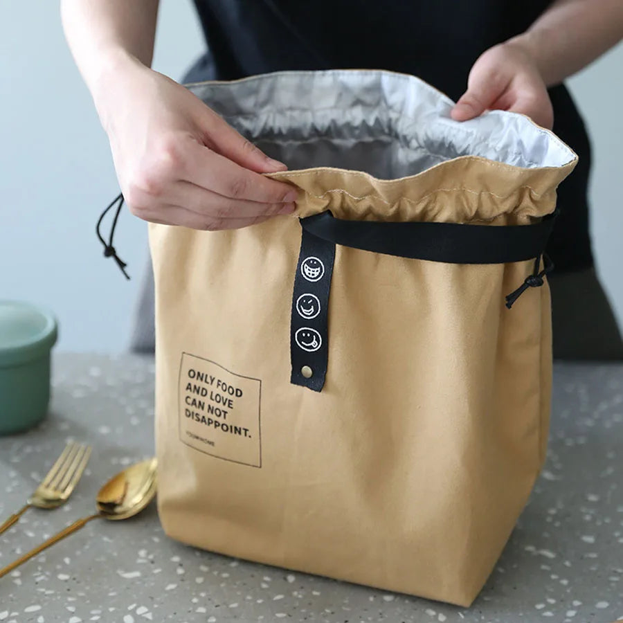 Canvas Folding Lunch Bag Portable Insulated Drawstring Closure Bento Cooler Tote For Work School Picnic Camping