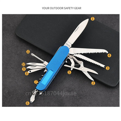 11 IN 1 Multi-purpose Knife Multitools Stainless Steel Folding Knife Wood Handle Outdoor Keychain Pocket Knife Tools