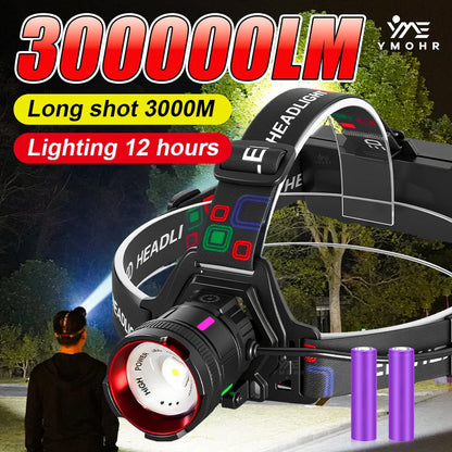 300000LM High Power LED Outdoor Headlamp Portable Rechargeable Waterproof Motion Sensor Telescopic Zoom Work Lamp Camping Hiking
