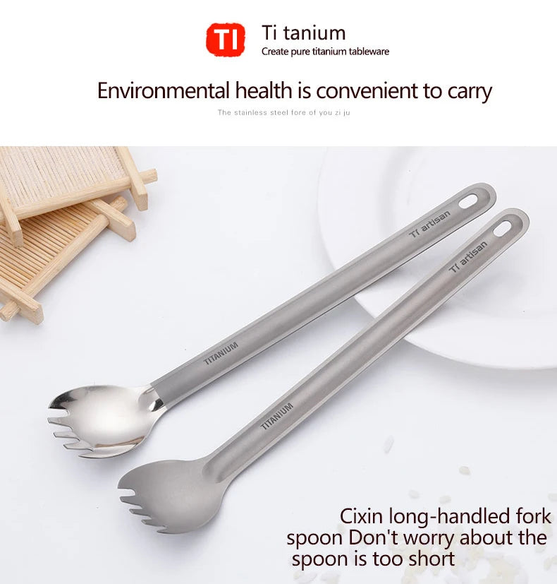 Tiartisan Pure Titanium Cutlery Ultralight Long Handle Spoon Spork Outdoor Camping Portable 2pcs Tableware Set With Storage Bag