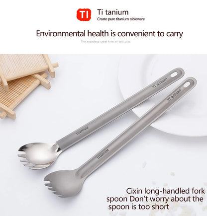 Tiartisan Pure Titanium Cutlery Ultralight Long Handle Spoon Spork Outdoor Camping Portable 2pcs Tableware Set With Storage Bag