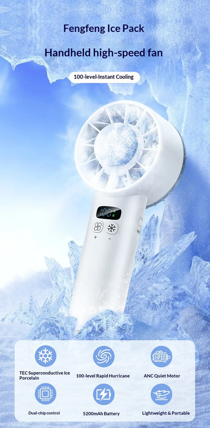HOMEFISH Ice Compress High-Speed Cooling Fan Handheld Fans USB Rechargeable Portable LED Digital Display Travel Camping Outdoor