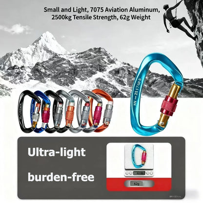 Outdoor Professional Rock Climbing Accessories Aluminum Carabiner 25kN Lock D-Shape Safety Buckle For Keys Tools Equipment