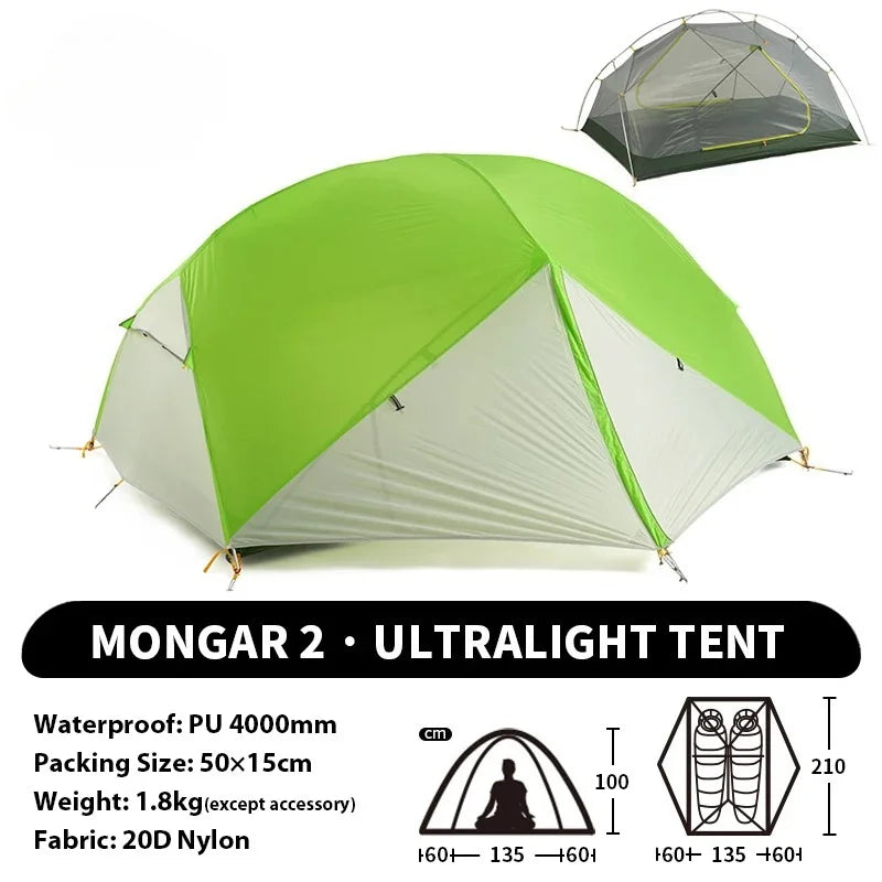 2 - Person Ultralight Backpacking Tent: Mongar UL 2 with 20D Waterproof Fabric,Ideal for Hiking,Survival,and Camping Adventures