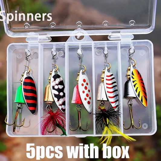 5pcs Fishing Lure Spinner Bait, Bass Trout Salmon Hard Metal Spinner Baits Kit with Tackle Boxes