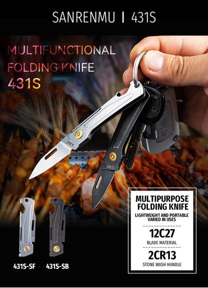 SANRENMU 431S Folding Pocket Knife 12C27 Blade Portable EDC Outdoor Camping Bottle Opener Keychain Hole Knife