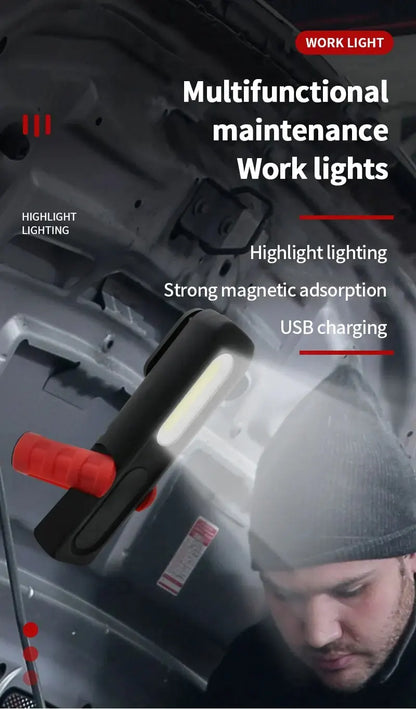 Portable USB Rechargeable Work Light Magnetic COB LED Flashlight Hanging Lamp with Built-in Battery Camping Torch
