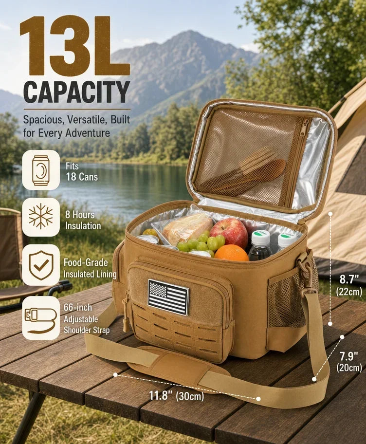 13L Tactical Thermal Cooler Lunch Bag Leakproof Insulated Durable Meal Storage Bag For Men Office Work Daily Commute Camping Picnic Fishing Outdoor Portable Insulated Food Carrier Bag
