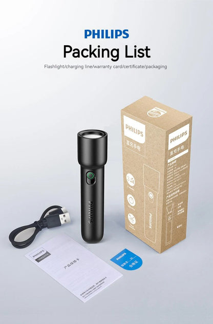 Philips 2025 New EDC Portable Flashlight Rechargeable LED Flashlights for Defensa Personal Self Defense Camping Hiking