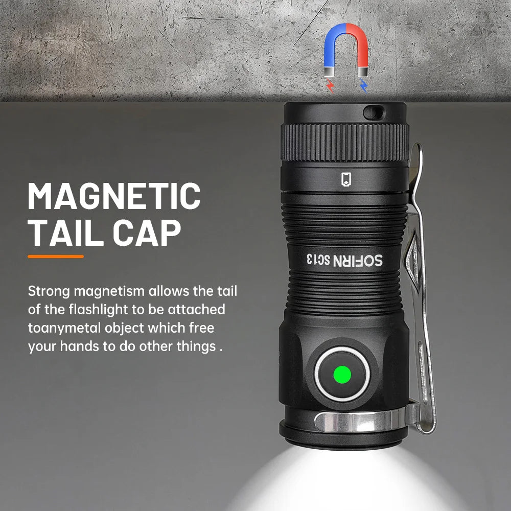 Sofirn Mini SC13 SST40 LED 1300lm Tactical 18350 Rechargeable Flashlight 6000K Keychain Light with Magnetic