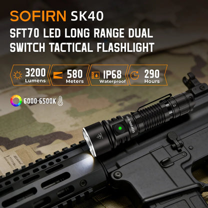Sofirn SK40 21700 Rechargeable Flashlight  SFT70 LED 3200lm Powerful Tactical Torch 580M Long-Range With Spotlight