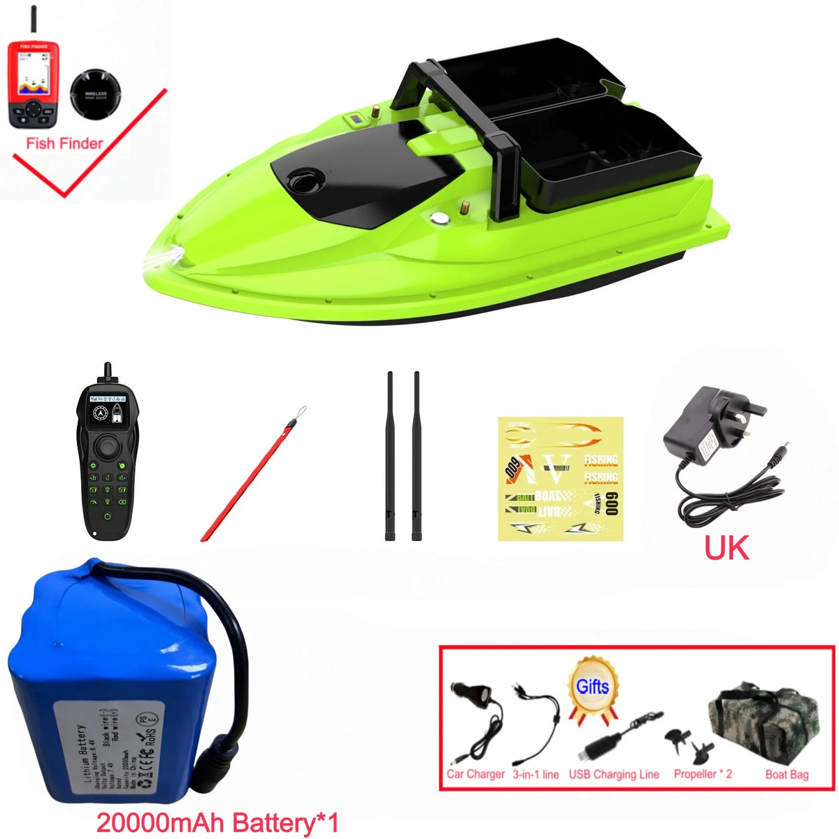 Sonar Bait Boat with Color Fish Finder Screen & Dual Hopper