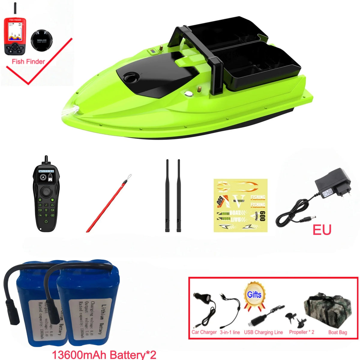 Sonar Bait Boat with Color Fish Finder Screen & Dual Hopper