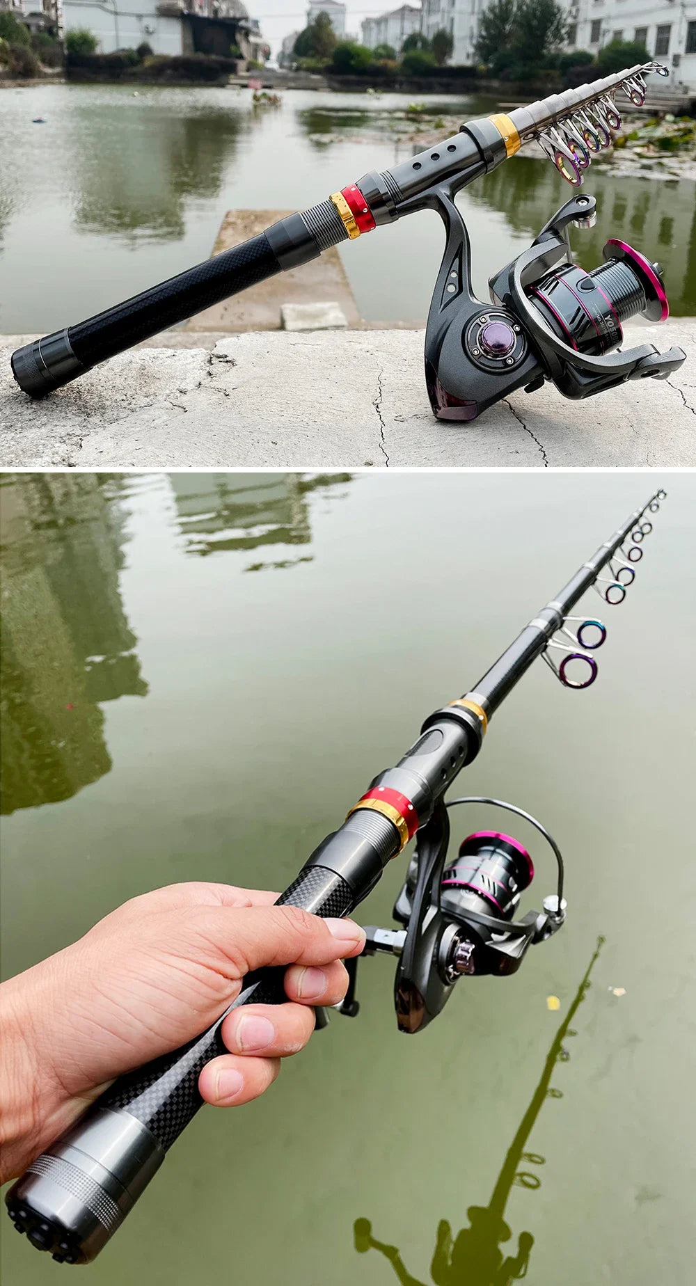 Carbon Fiber Fishing Rod And Reel Combo 1.8-3.6m Telescopic Super Hard Spinning Reel Kit with Max Resistance 3-8kg for Pesca