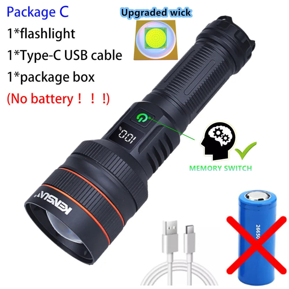 Bright Spotlight Long Range LED Flashlight Type-C Charging Strong Light Lamp Tactical Torch Waterproof Zoom Outdoor Lantern