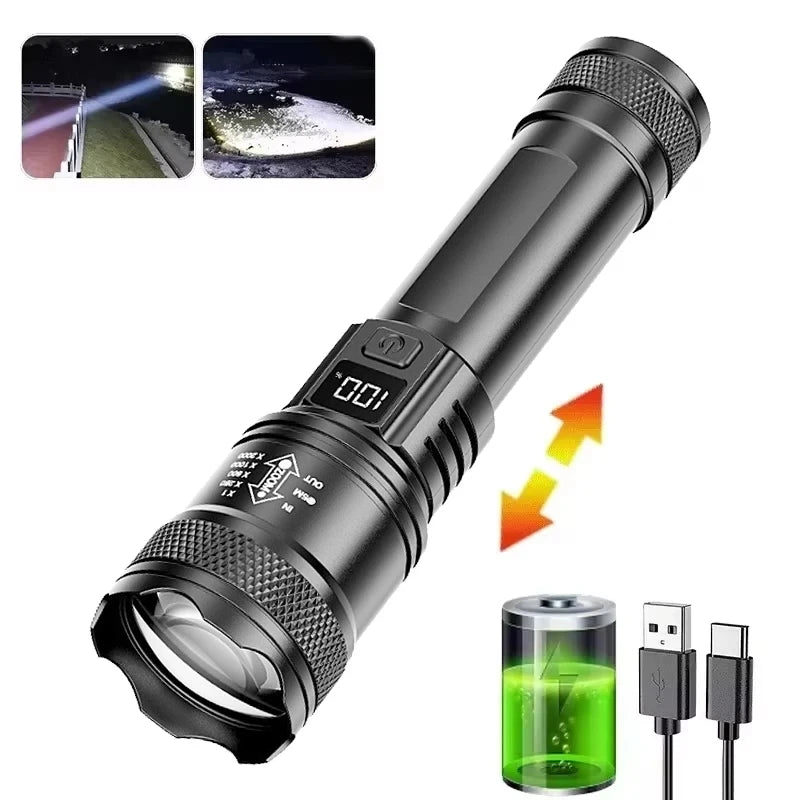 LED Flashlight Rechargeable Torch High Power Strong Light Flashlight Long Range Tactical Zoom Lamp Outdoor Camping Lantern