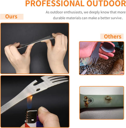 PSKOOK 5-in-1 Utility Tactical Spork, Stainless Steel Spoon & Bottle Opener, Fork & Knife, Can Opener Combo Camping Utensil