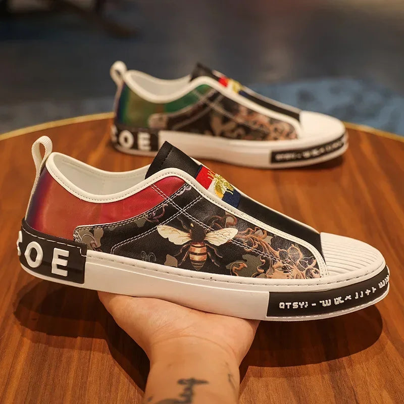 Men’s Leather Slip-On Sneakers – Trendy Casual Loafers with Street Style Print