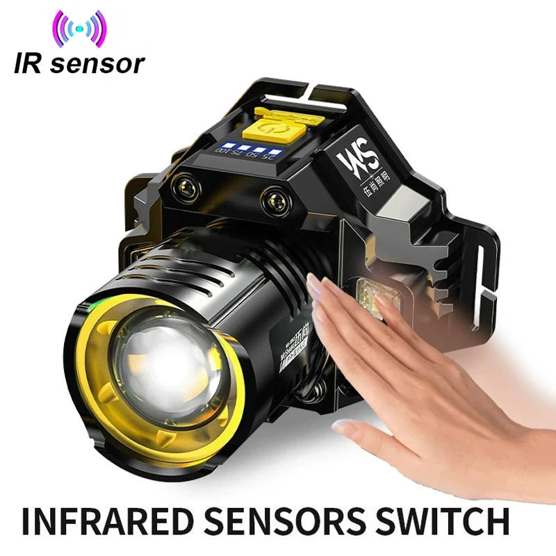 Powerful LED Headlamp Motion Sensor Headlight 18650 Rechargeable Head Flashlights High Power COB Head Lamp Fishing Headlight