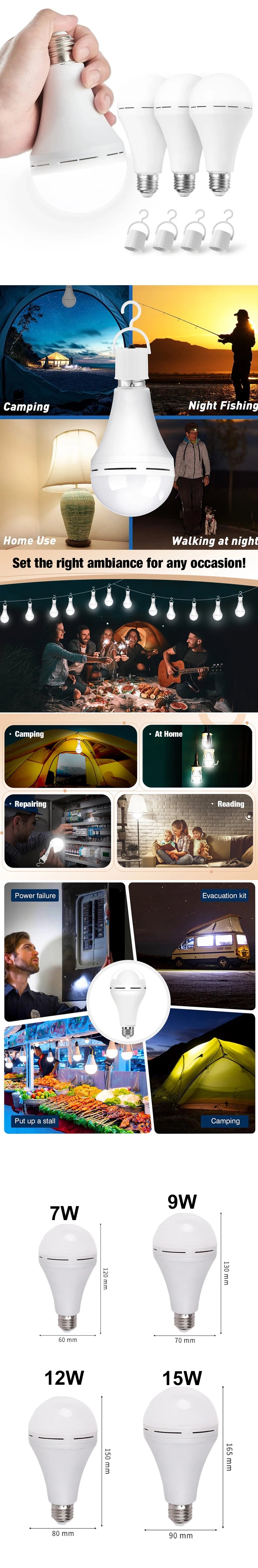 7-15W Rechargeable Bulb LED Outdoor Waterproof Emergency Light Portable Hanging Night Light Adjustable Camping Fishing Garden