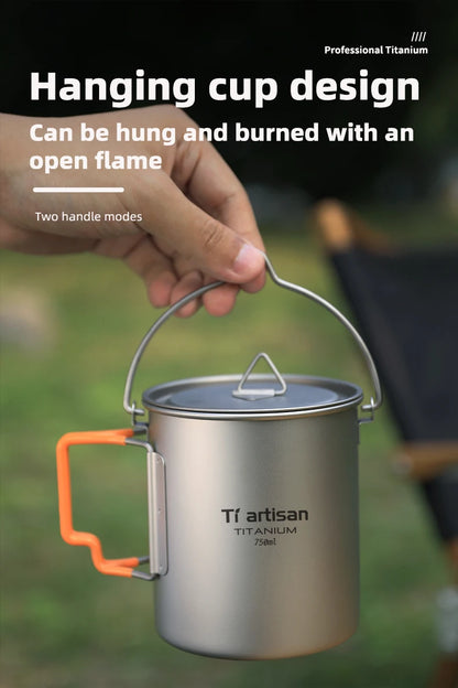 Tiartisan Outdoor Camping Pure Titanium Mug with Collapsible Handle Ultralight Portable Tea Cup Coffee Mug Drinkware