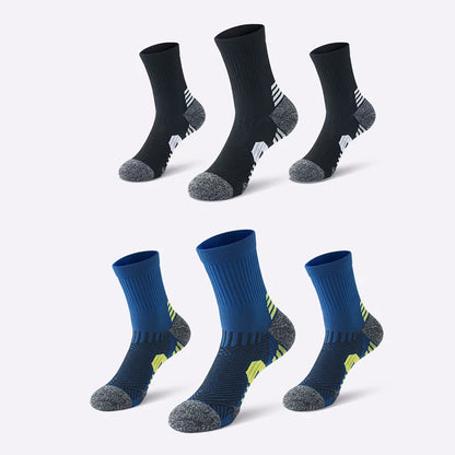 3 Pairs Men's Athetic Socks Sports Breathable Outdoor Running Compression Socks Traning Long Black White  BLUE Stretch Socks