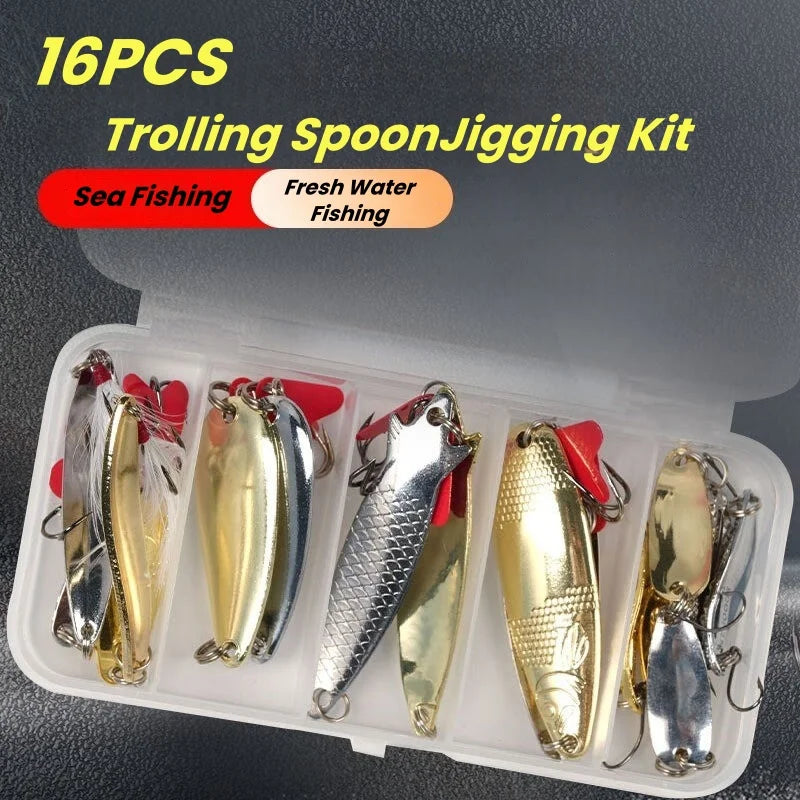 Metal Spoon and Crankbait Lure Kit (16 Pieces) with Box