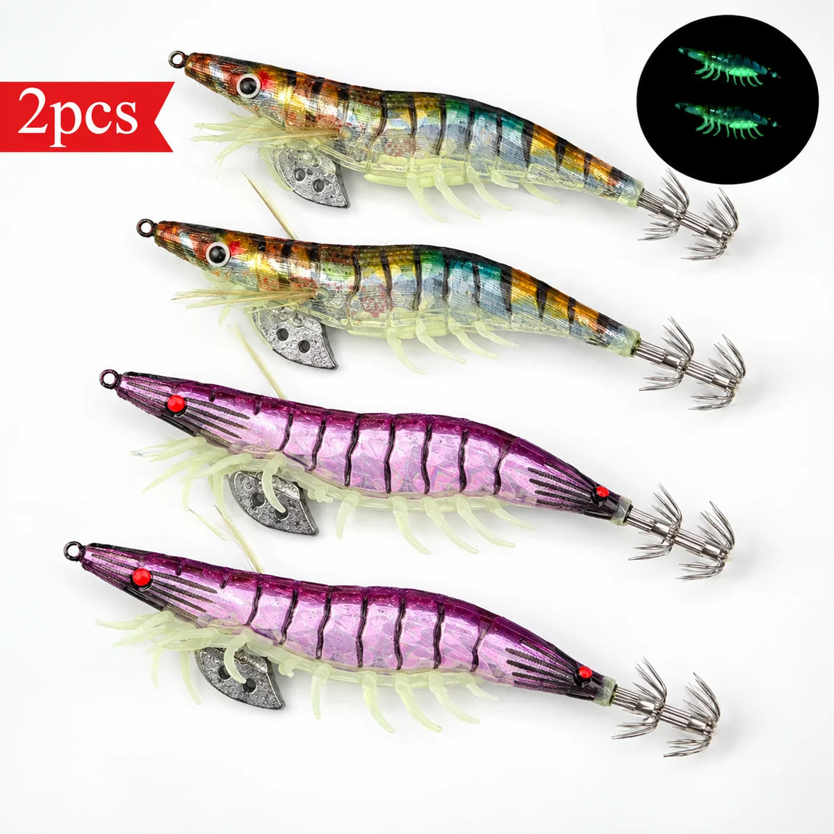 2pcs/set Glow Squid Jigs Set 13cm Simulation Shrimp Fishing Lure 3.5# Wood Shrimp Jig Lure Saltwater Cuttlefish Octopus Tackle