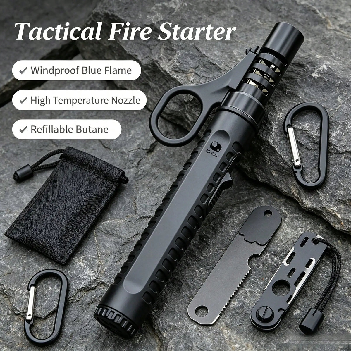 Matte Black Tactical Outdoor Survival Fire Starter, Adjustable Flame Refillable Butane Gadget, Pocket Backpack Friendly Camping Accessory Set Perfect Gift For Outdoor Enthusiasts,Windproof Lighter Gift Lighter