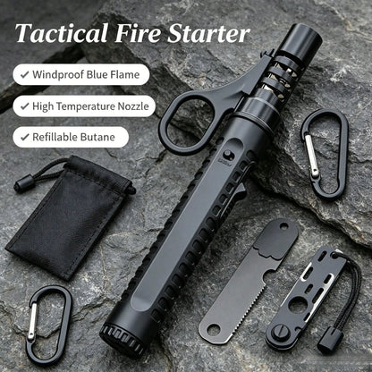 Matte Black Tactical Outdoor Survival Fire Starter, Adjustable Flame Refillable Butane Gadget, Pocket Backpack Friendly Camping Accessory Set Perfect Gift For Outdoor Enthusiasts,Windproof Lighter Gift Lighter