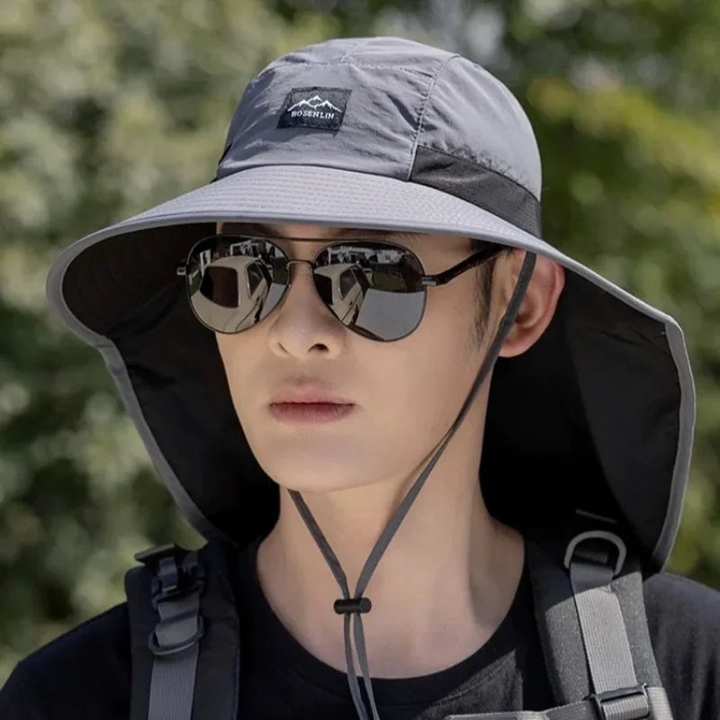 Outdoor Unisex Wide Brim Bucket Hat with Neck Flap Adjustable for Hiking Camping Fishing Wear