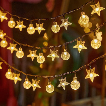 Solar LED String Lights Outdoor Camping Decor Crystal Ball and Stars String Lights 8 Modes Solar Lamp for Halloween Christmas