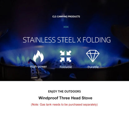 Newest Arrival Outdoor Portable Three Head Stove Camping Windproof Stove Camping Picnic Burner Outdoor Foldable Gas Stove