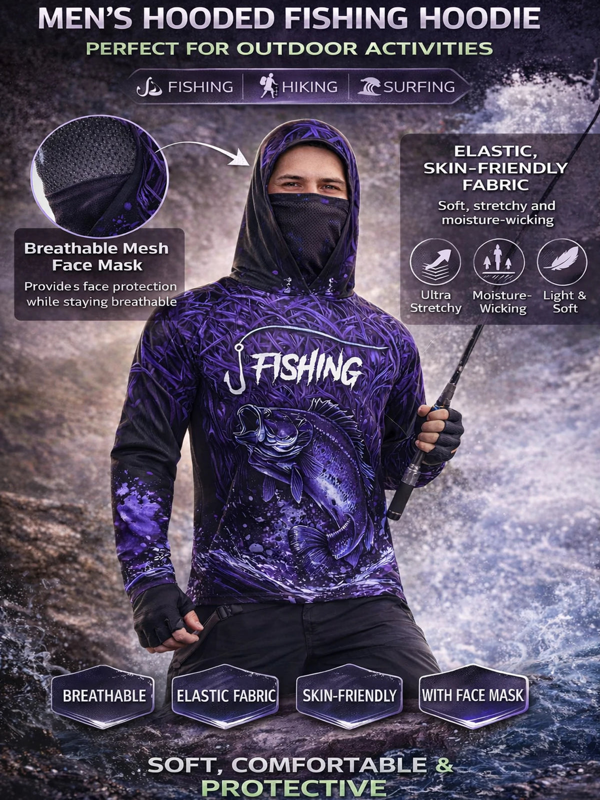 UPF 50+ Hooded Face Cover Fishing Shirt