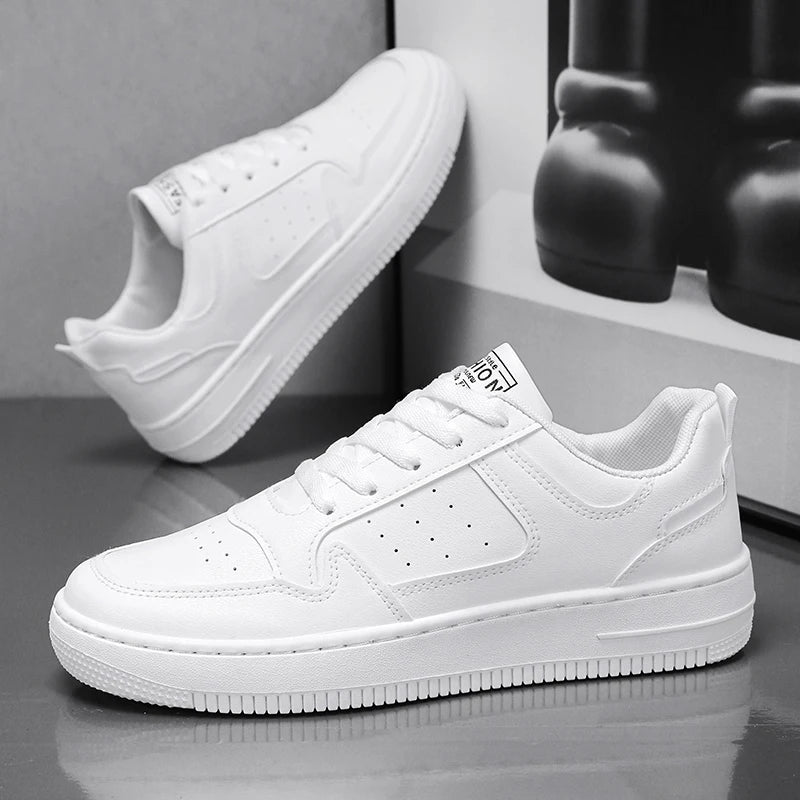 Men’s Thick-Soled Leather Sneakers – Trendy Street Casual Shoes with Fashion Board Style (Black & White)