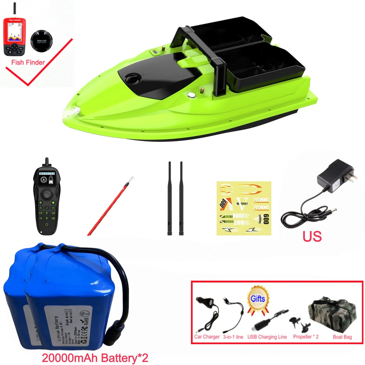 Sonar Bait Boat with Color Fish Finder Screen & Dual Hopper