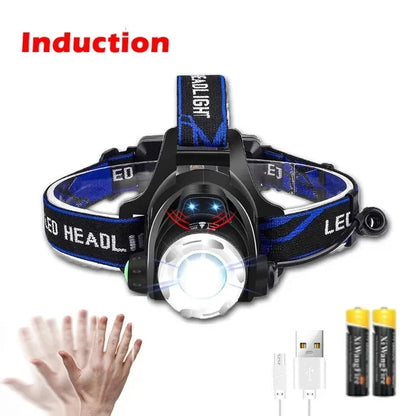 Powerful LED Induction Headlamp Use18650 Rechargeable battery Headlight Aluminium Outdoor camping Lamp High Lumen Head Torch