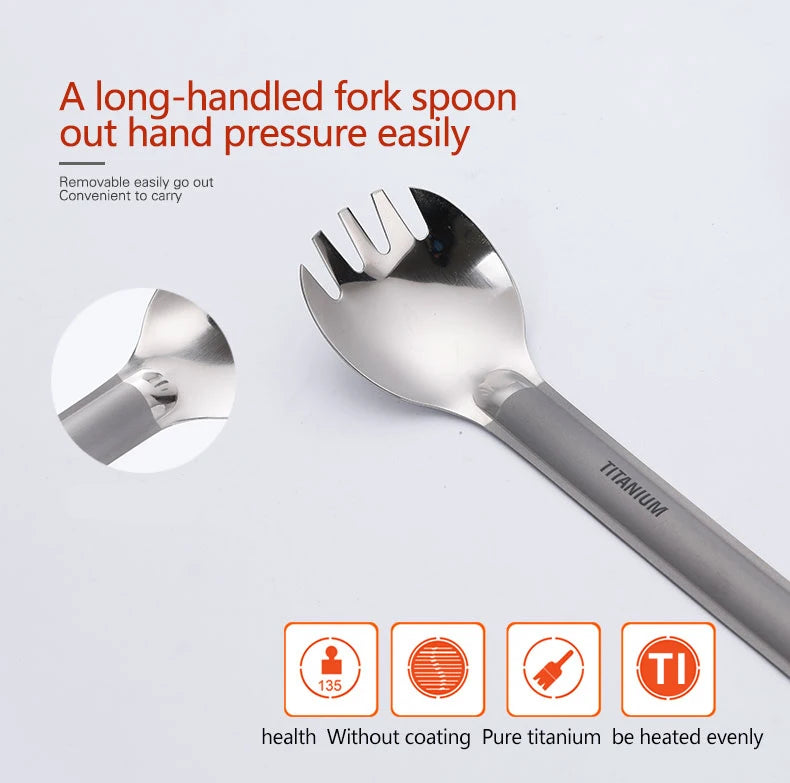 Tiartisan Pure Titanium Cutlery Ultralight Long Handle Spoon Spork Outdoor Camping Portable 2pcs Tableware Set With Storage Bag