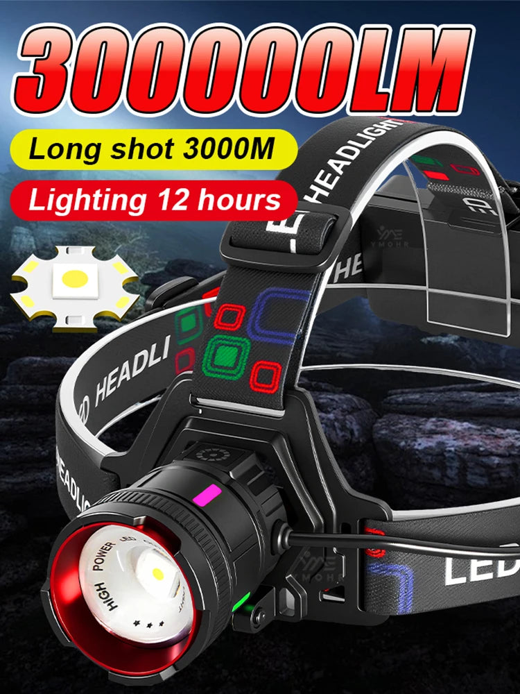 300000LM High Power LED Outdoor Headlamp Portable Rechargeable Waterproof Motion Sensor Telescopic Zoom Work Lamp Camping Hiking