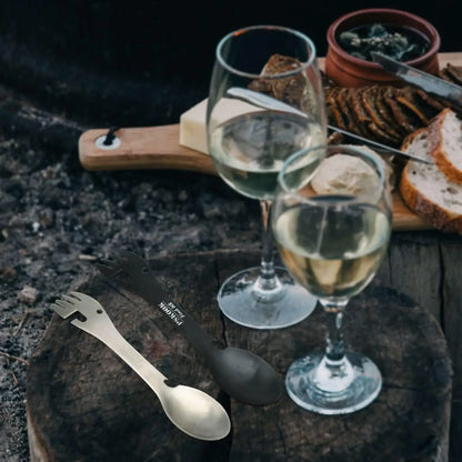 PSKOOK 5-in-1 Utility Tactical Spork, Stainless Steel Spoon & Bottle Opener, Fork & Knife, Can Opener Combo Camping Utensil