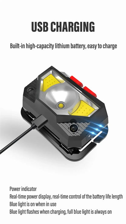 Rechargeable LED Headlamp Sensor Headlight With COB and LED Beads 8 Lighting Modes White and Red Light Fishing Light