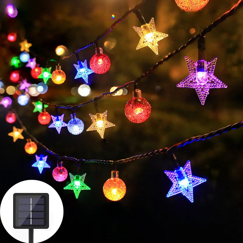 Solar LED String Lights Outdoor Camping Decor Crystal Ball and Stars String Lights 8 Modes Solar Lamp for Halloween Christmas