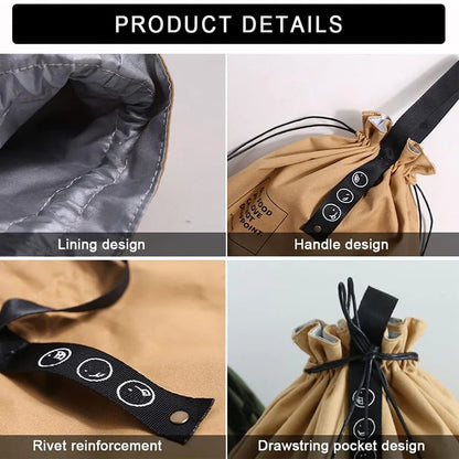 Canvas Folding Lunch Bag Portable Insulated Drawstring Closure Bento Cooler Tote For Work School Picnic Camping