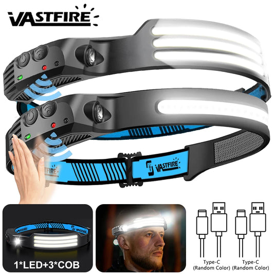 COB + LED Induction Headlamp – USB Rechargeable, Waterproof